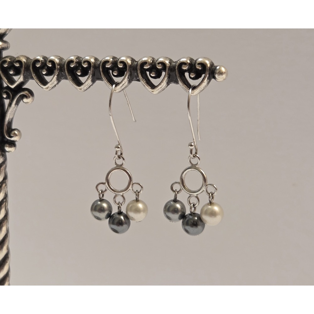 Unique Sterling Silver Multicolored Triple Pearl Dangle Earrings 925